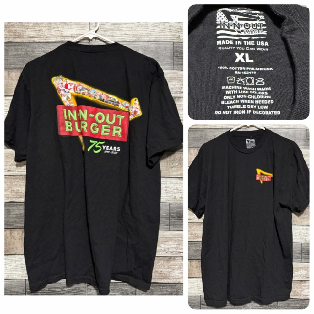 In N Out Burgers 75 Years 1948-2023 T Shirt Men’s XL Black Short Sleeve USA